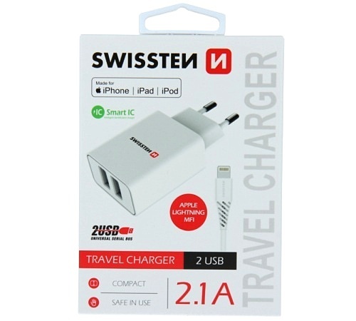 Nabíječka cestovní SWISSTEN 2x USB, IC, 2.1A + Lighthing MFI kabel, bílá