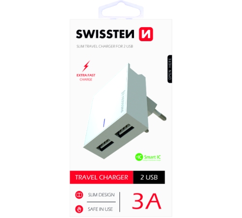 Nabíječka cestovní SWISSTEN 2x USB, IC, 3A, bílá