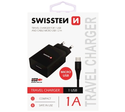 Nabíječka cestovní SWISSTEN 1x USB, IC, 1A + microUSB kabel, černá