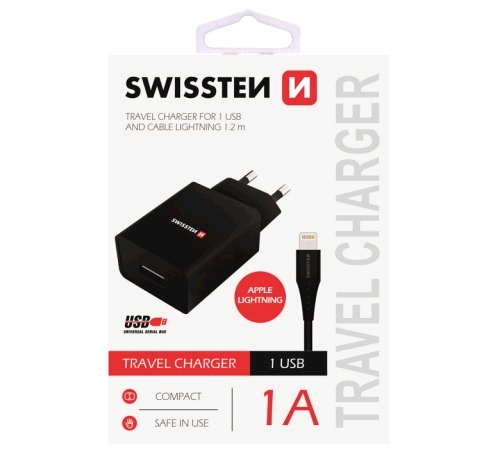 Nabíječka cestovní SWISSTEN 1x USB, IC, 1A + Lighthing kabel, černá