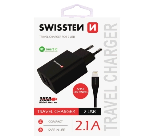 Nabíječka cestovní SWISSTEN 2x USB, IC, 2.1A + Lighthing kabel, černá