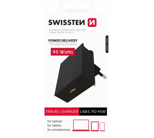 Nabíječka cestovní SWISSTEN USB-C (PD), 45W, černá