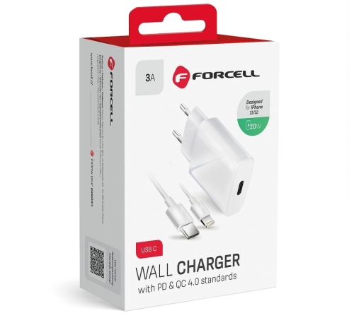 Nabíječka cestovní Forcell USB-C (PD), 20W, QC 4.0, Lightning kabel, bílá