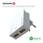 Nabíječka cestovní SWISSTEN 2x USB, IC, 3A, + Lighthing kabel, bílá