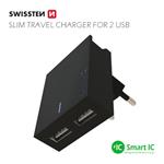 Nabíječka cestovní SWISSTEN 2x USB, IC, 3A, + USB-C kabel, černá